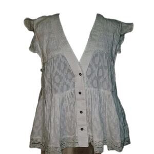 Anthropologie Pilcro XL White Top Ruffle Babydoll V-neck Embroidered Tiered Boho